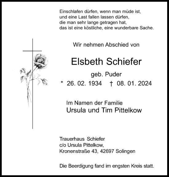 Anzeige von Elsbeth Schiefer von Kölner Stadt-Anzeiger / Kölnische Rundschau / Express
