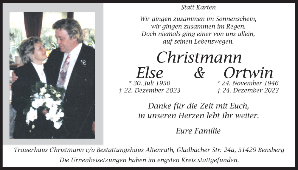  Traueranzeige für Else Christmann vom 26.01.2024 aus  Bergisches Handelsblatt 