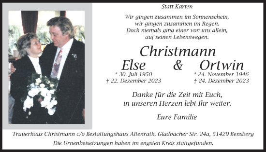 Anzeige von Else Christmann von  Bergisches Handelsblatt 