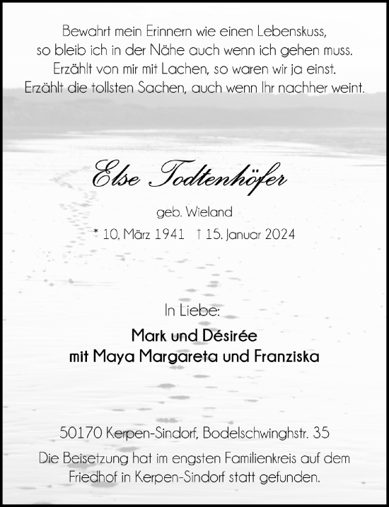 Anzeige von Else Todtenhöfer von  Werbepost 
