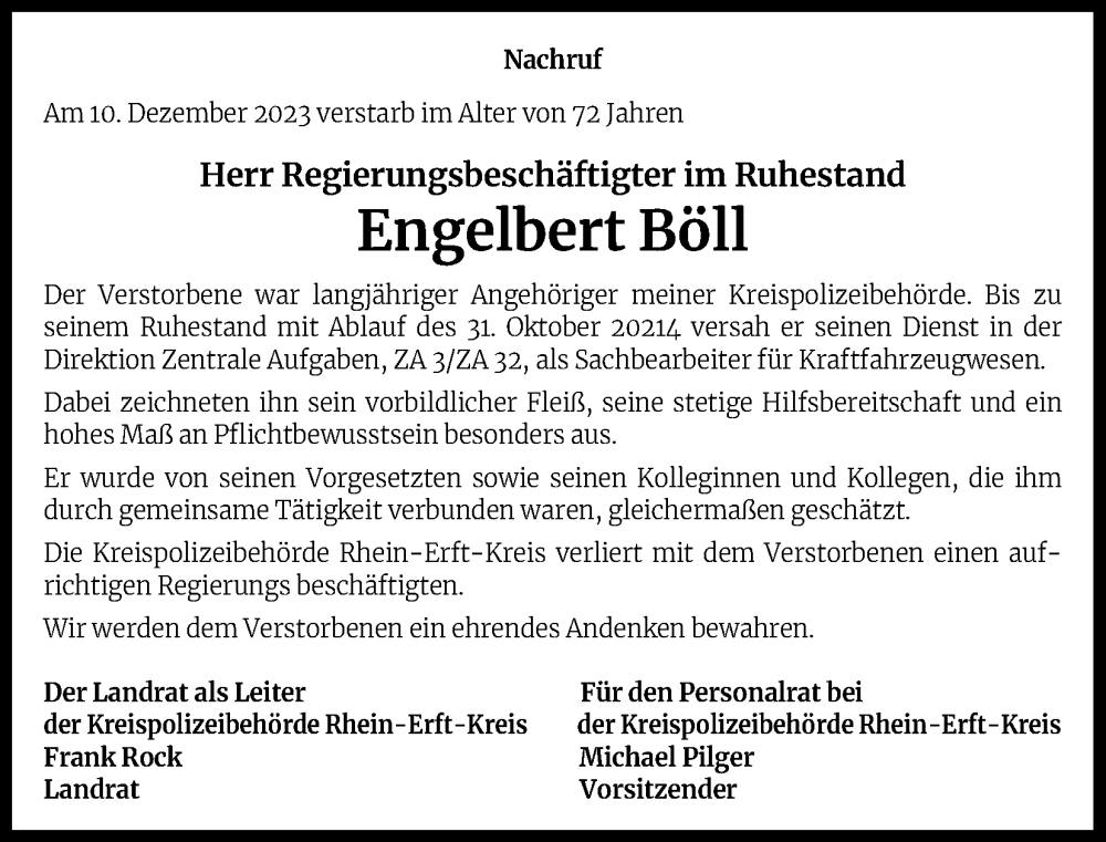  Traueranzeige für Engelbert Böll vom 06.01.2024 aus Kölner Stadt-Anzeiger / Kölnische Rundschau / Express