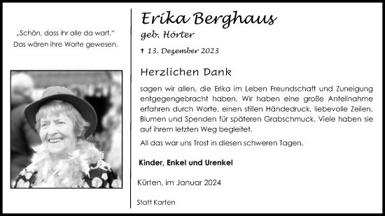 Anzeige von Erika Berghaus von Kölner Stadt-Anzeiger / Kölnische Rundschau / Express
