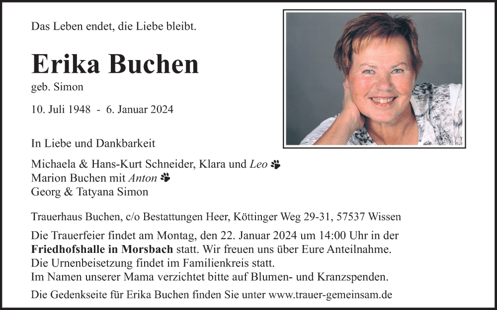  Traueranzeige für Erika Buchen vom 13.01.2024 aus Kölner Stadt-Anzeiger / Kölnische Rundschau / Express