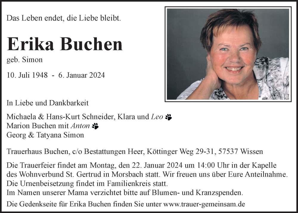  Traueranzeige für Erika Buchen vom 12.01.2024 aus  Lokalanzeiger 