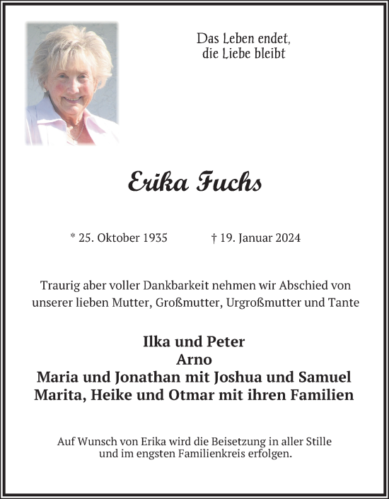 Anzeige von Erika Fuchs von Kölner Stadt-Anzeiger / Kölnische Rundschau / Express