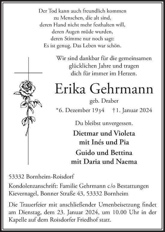 Anzeige von Erika Gehrmann von  Schaufenster/Blickpunkt 