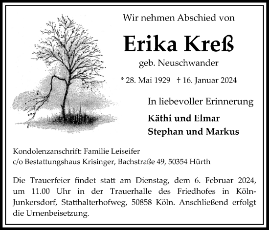 Anzeige von Erika Kreß von Kölner Stadt-Anzeiger / Kölnische Rundschau / Express