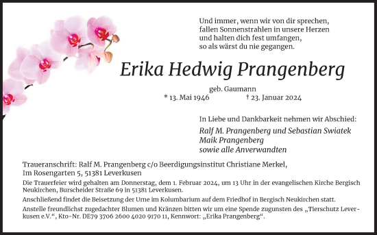 Anzeige von Erika Hedwig Prangenberg von Kölner Stadt-Anzeiger / Kölnische Rundschau / Express
