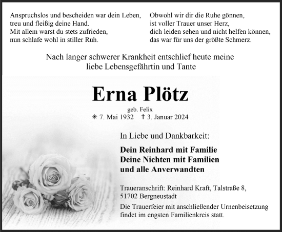 Anzeige von Erna Plötz von  Anzeigen Echo 