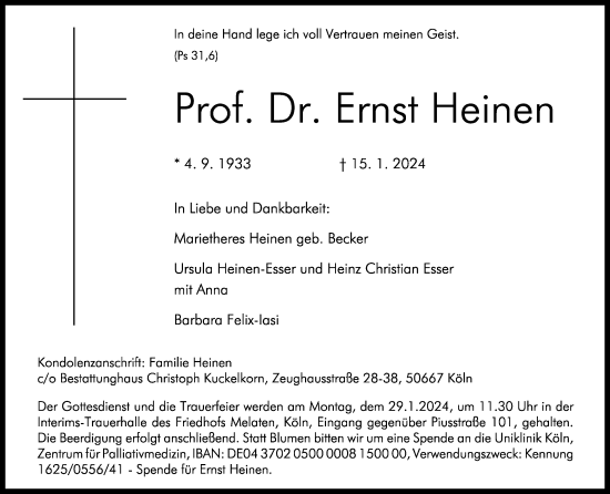 Anzeige von Ernst Heinen von Kölner Stadt-Anzeiger / Kölnische Rundschau / Express