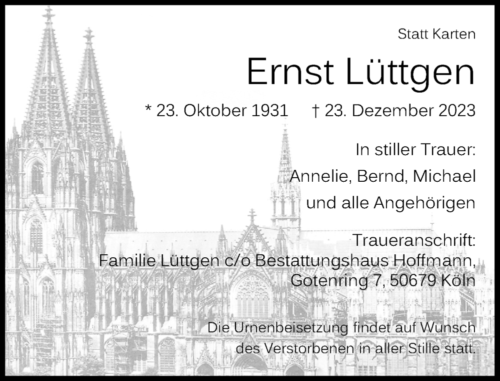 Traueranzeige für Ernst Lüttgen vom 06.01.2024 aus Kölner Stadt-Anzeiger / Kölnische Rundschau / Express