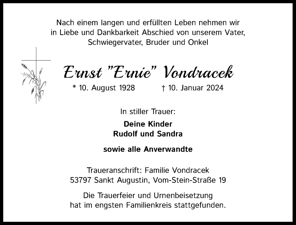  Traueranzeige für Ernst Vondracek vom 27.01.2024 aus Kölner Stadt-Anzeiger / Kölnische Rundschau / Express