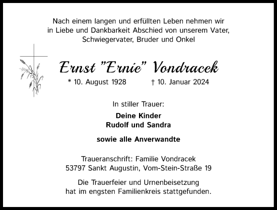 Anzeige von Ernst Vondracek von Kölner Stadt-Anzeiger / Kölnische Rundschau / Express