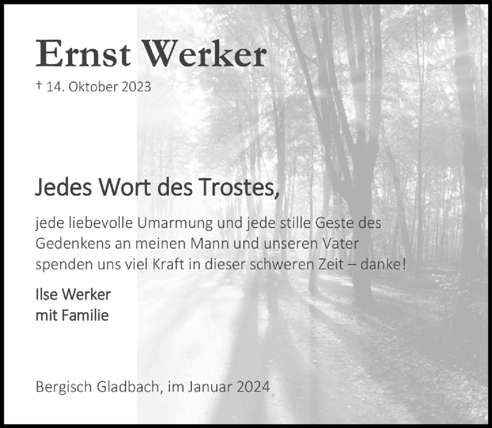 Traueranzeige für Ernst Werker vom 26.01.2024 aus  Bergisches Handelsblatt 