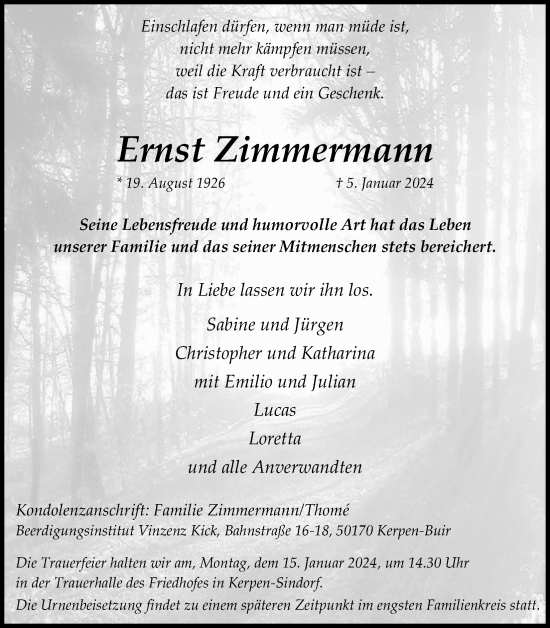 Anzeige von Ernst Zimmermann von Kölner Stadt-Anzeiger / Kölnische Rundschau / Express