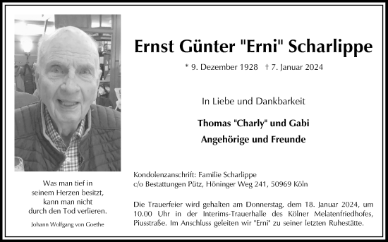 Anzeige von Ernst Günter Scharlippe von Kölner Stadt-Anzeiger / Kölnische Rundschau / Express