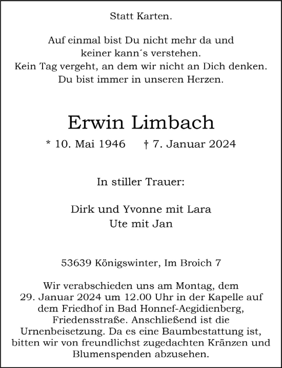 Anzeige von Erwin Limbach von  Extra Blatt 