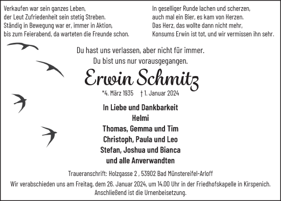 Anzeige von Erwin Schmitz von  Blickpunkt Euskirchen 