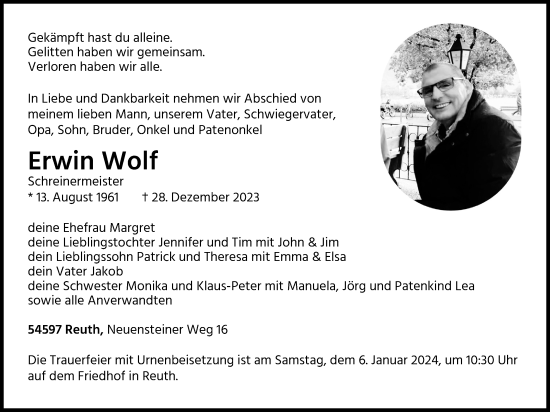 Anzeige von Erwin Wolf von Kölner Stadt-Anzeiger / Kölnische Rundschau / Express