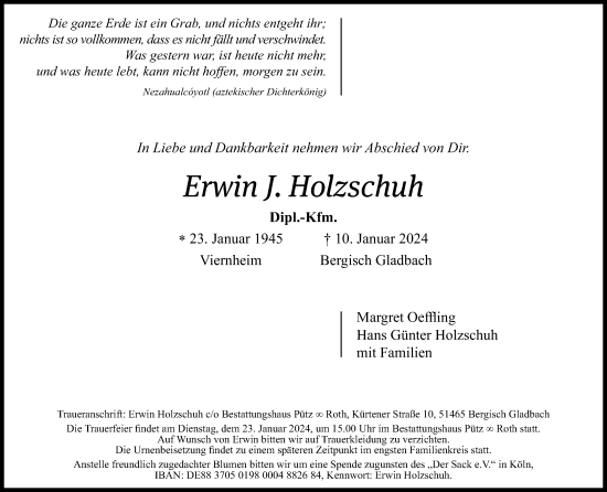 Anzeige von Erwin J. Holzschuh von Kölner Stadt-Anzeiger / Kölnische Rundschau / Express