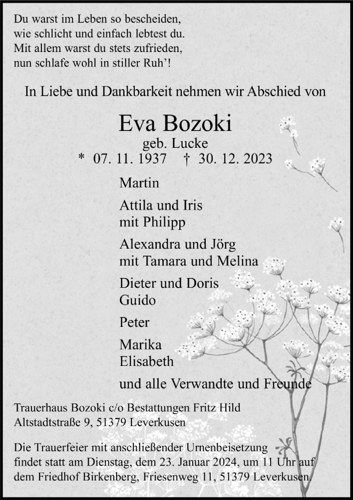 Traueranzeige für Eva Bozoki vom 12.01.2024 aus  Lokale Informationen 
