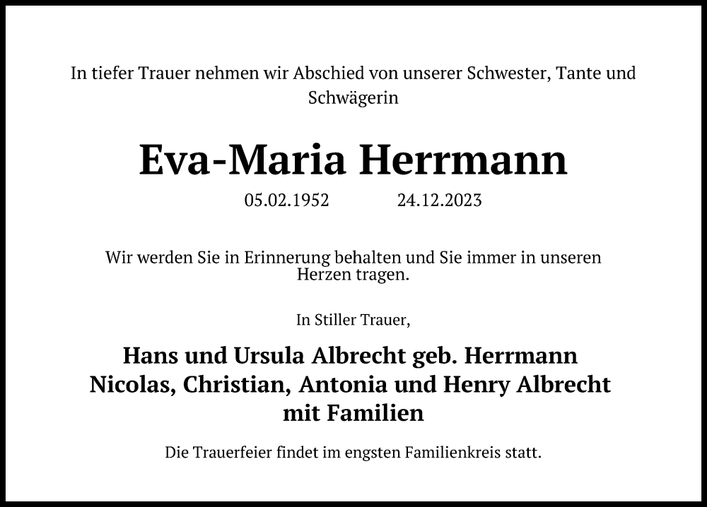 Traueranzeige für Eva-Maria Herrmann vom 06.01.2024 aus Kölner Stadt-Anzeiger / Kölnische Rundschau / Express