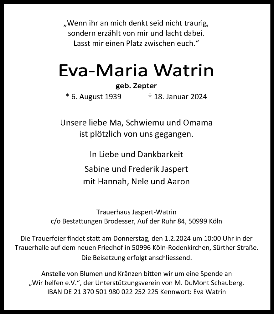  Traueranzeige für Eva-Maria Watrin vom 27.01.2024 aus Kölner Stadt-Anzeiger / Kölnische Rundschau / Express