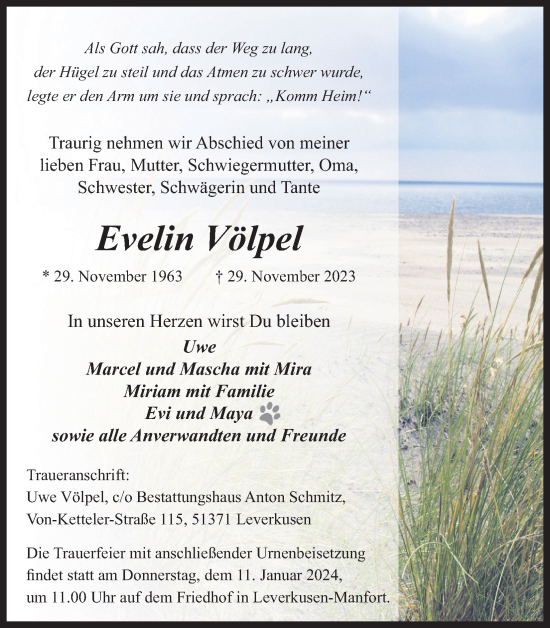 Anzeige von Evelin Völpel von Kölner Stadt-Anzeiger / Kölnische Rundschau / Express