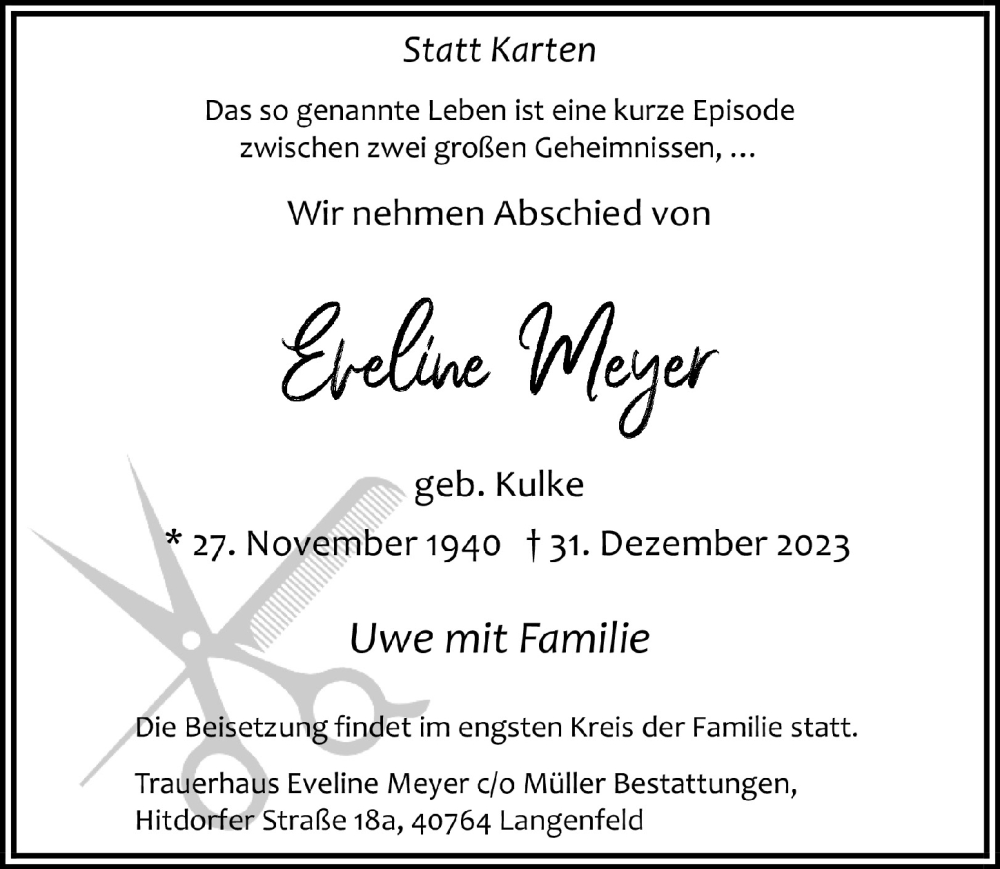  Traueranzeige für Eveline Meyer vom 12.01.2024 aus  Lokale Informationen 