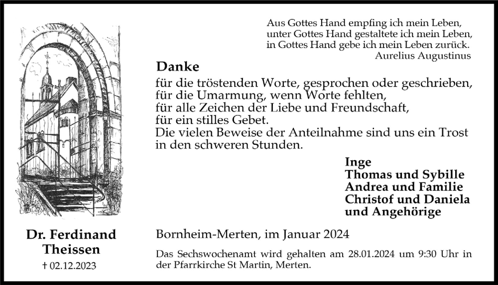  Traueranzeige für Ferdinand Theissen vom 12.01.2024 aus  Schaufenster/Blickpunkt  Schlossbote/Werbekurier 