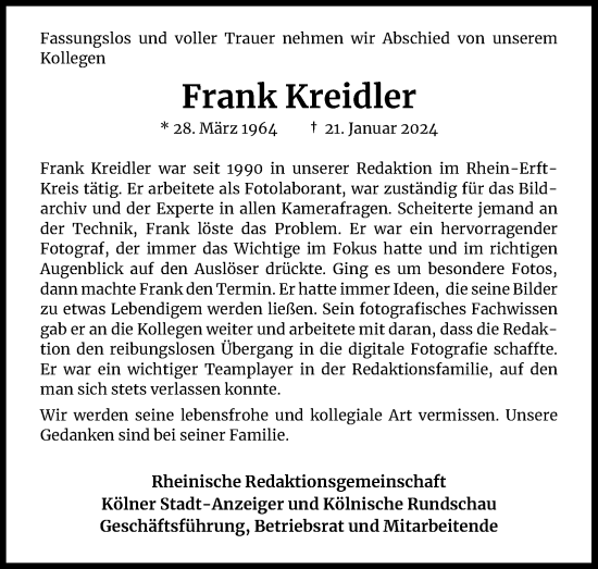Anzeige von Frank Kreidler von Kölner Stadt-Anzeiger / Kölnische Rundschau / Express
