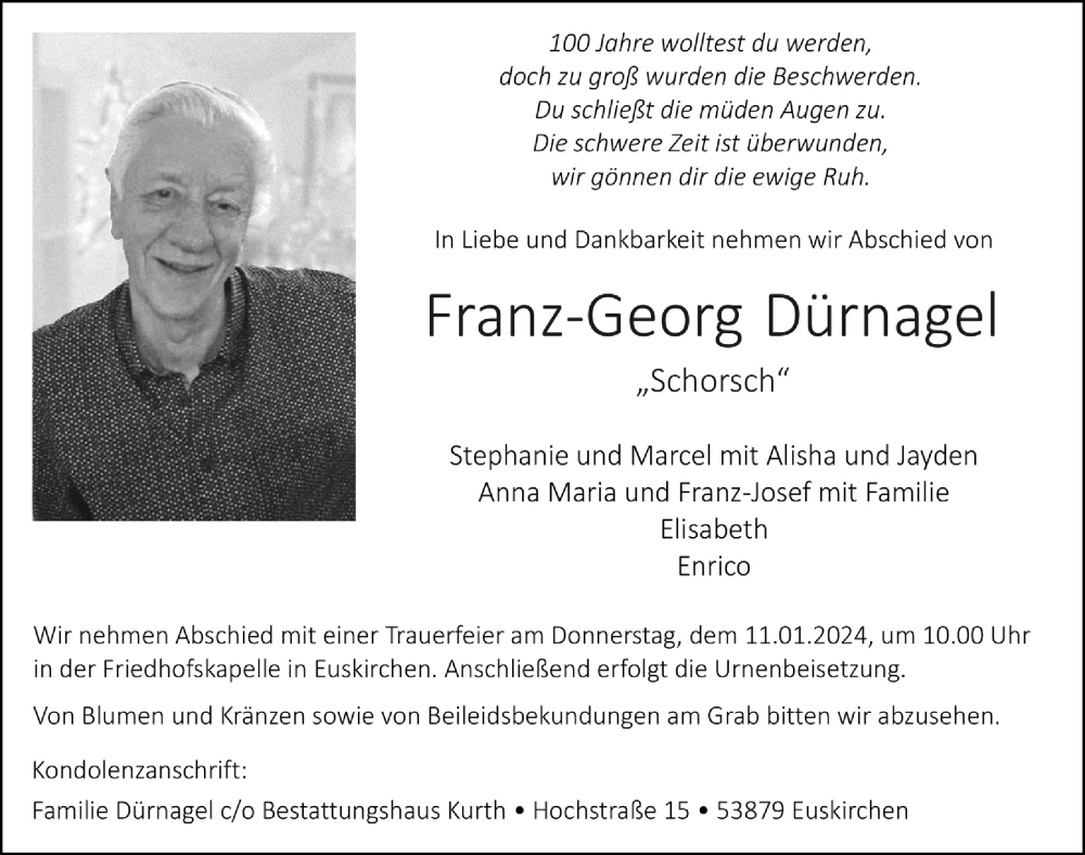  Traueranzeige für Franz-Georg Dürnagel vom 06.01.2024 aus  Blickpunkt Euskirchen 