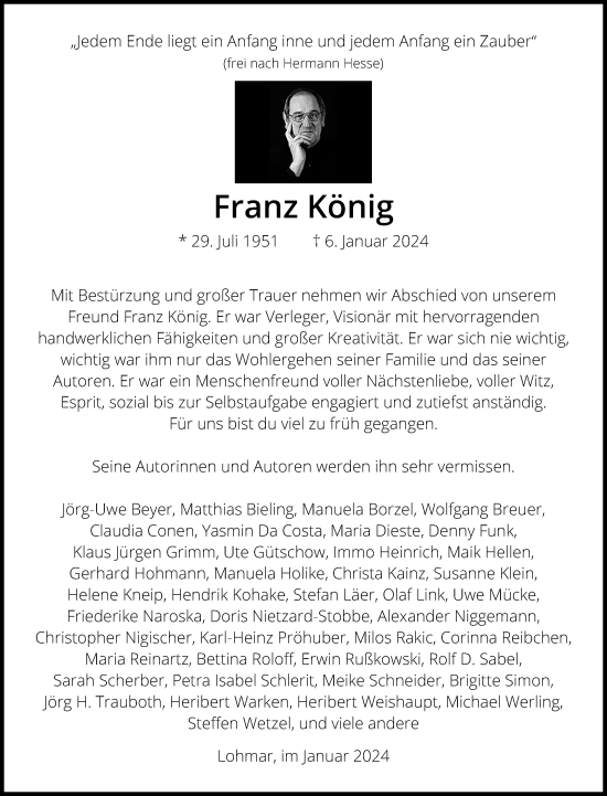 Anzeige von Franz König von Kölner Stadt-Anzeiger / Kölnische Rundschau / Express