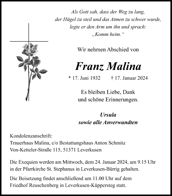 Anzeige von Franz Malina von Kölner Stadt-Anzeiger / Kölnische Rundschau / Express