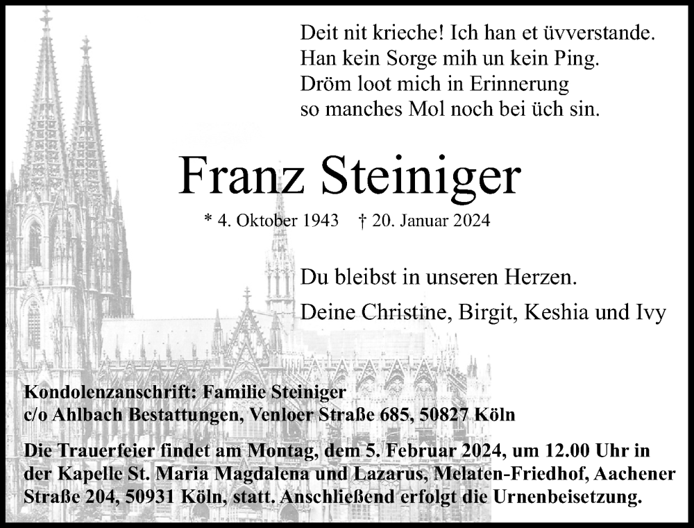  Traueranzeige für Franz Steiniger vom 27.01.2024 aus Kölner Stadt-Anzeiger / Kölnische Rundschau / Express