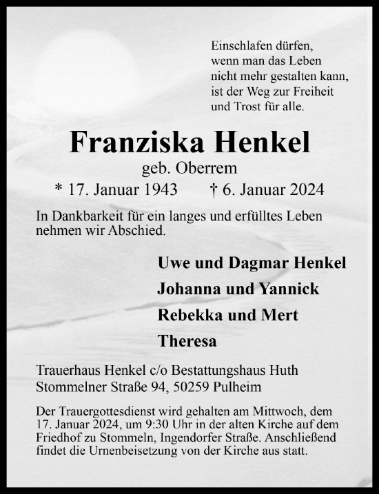 Anzeige von Franziska Henkel von  Wochenende 