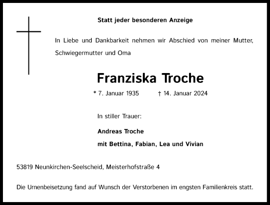 Anzeige von Franziska Troche von Kölner Stadt-Anzeiger / Kölnische Rundschau / Express
