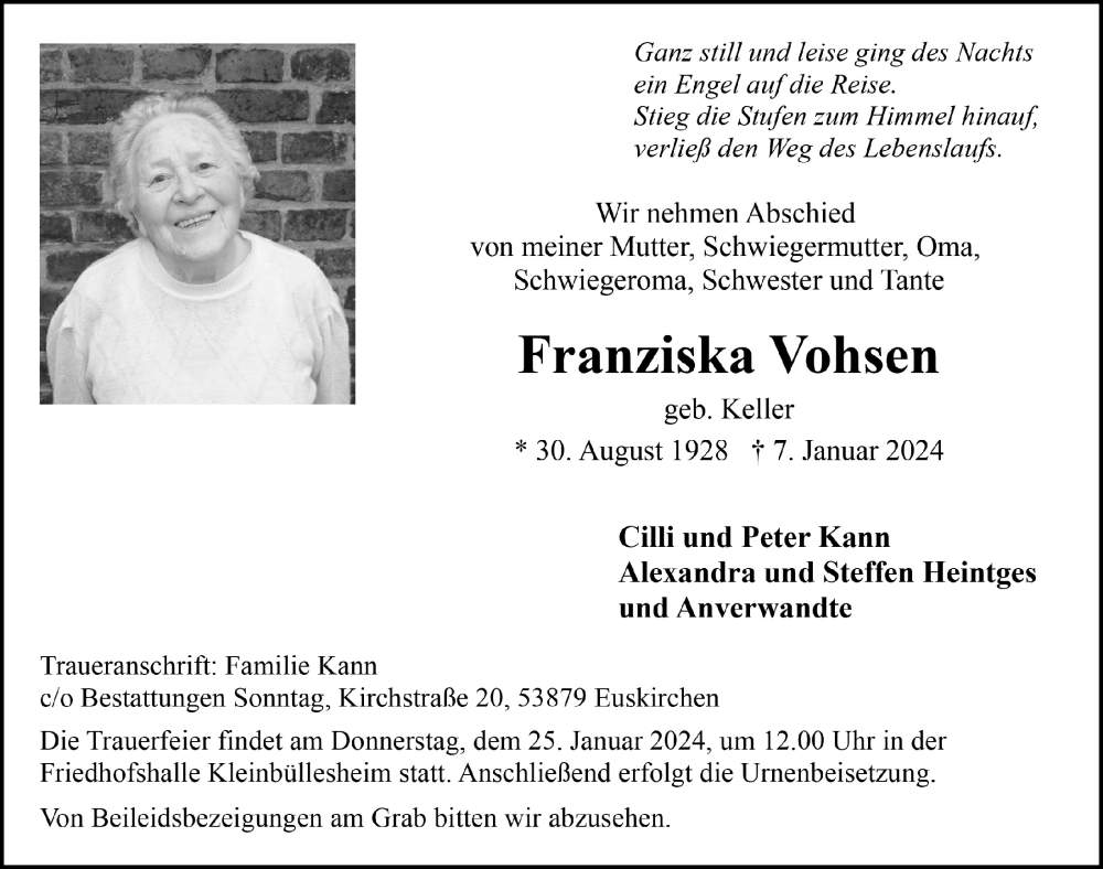  Traueranzeige für Franziska Vohsen vom 13.01.2024 aus  Blickpunkt Euskirchen 