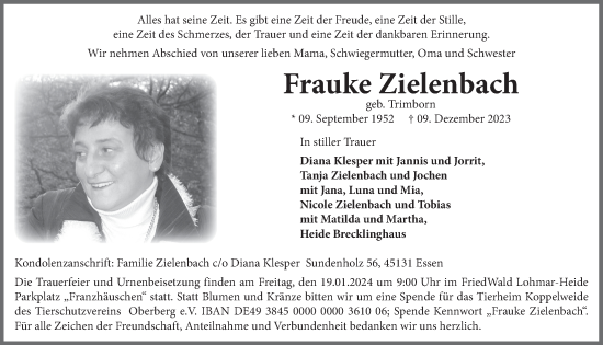 Anzeige von Frauke Zielenbach von  Lokalanzeiger 