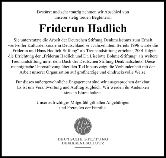 Anzeige von Friderun Hadlich von Kölner Stadt-Anzeiger / Kölnische Rundschau / Express