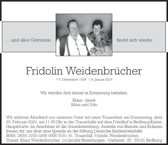 Anzeige von Fridolin Weidenbrücher von  Werbepost 