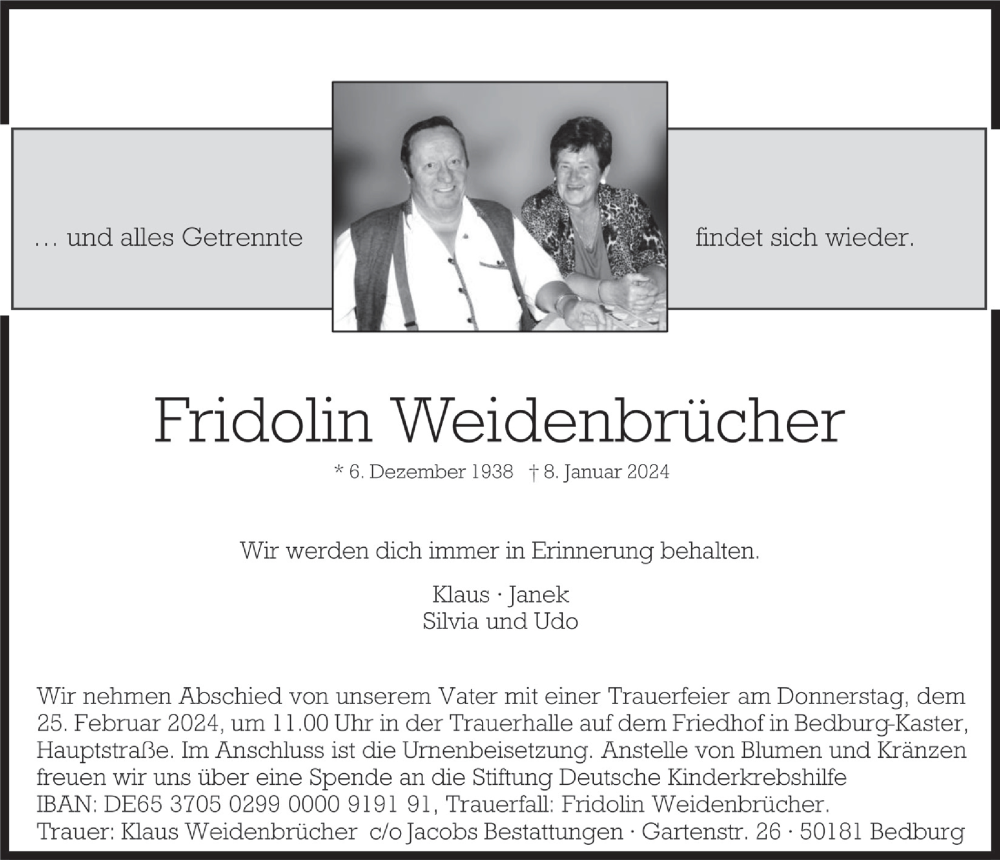  Traueranzeige für Fridolin Weidenbrücher vom 19.01.2024 aus  Werbepost 