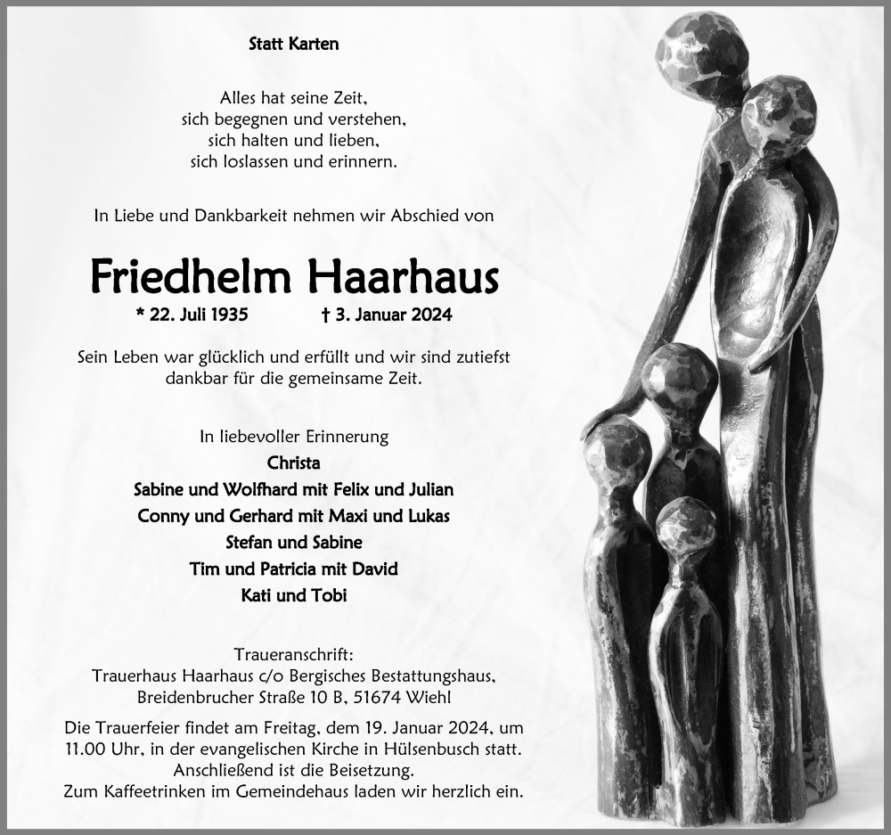  Traueranzeige für Friedhelm Haarhaus vom 13.01.2024 aus Kölner Stadt-Anzeiger / Kölnische Rundschau / Express