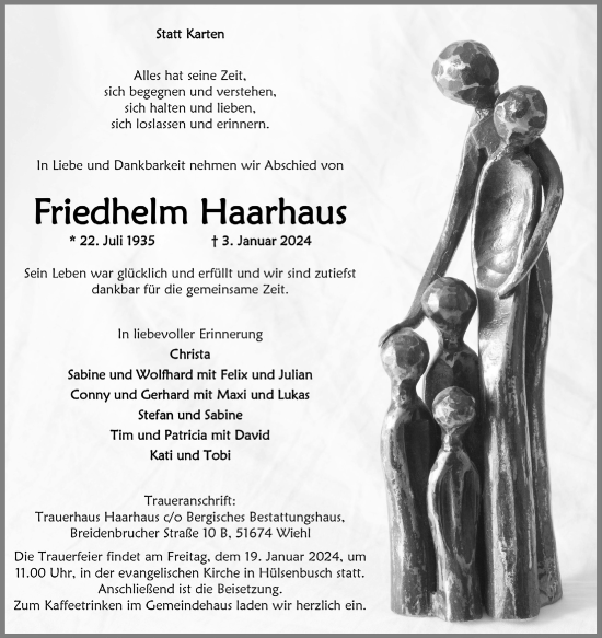 Anzeige von Friedhelm Haarhaus von  Anzeigen Echo 