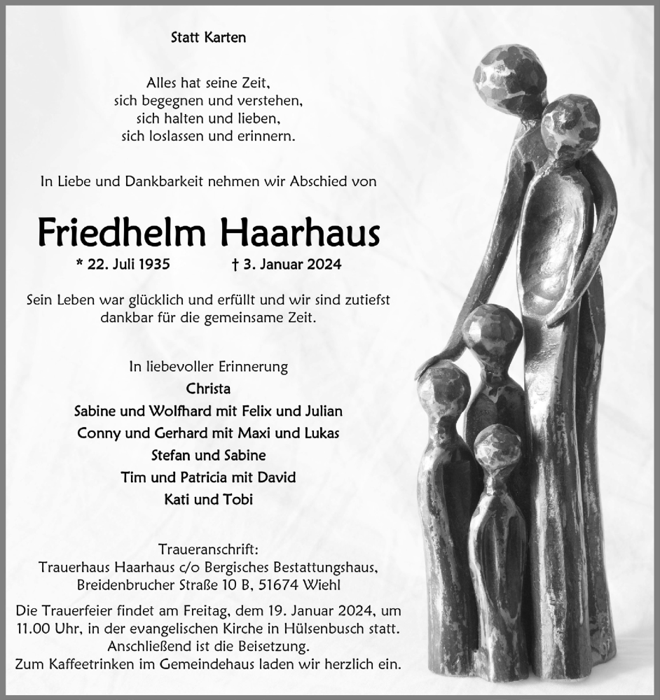  Traueranzeige für Friedhelm Haarhaus vom 12.01.2024 aus  Anzeigen Echo 