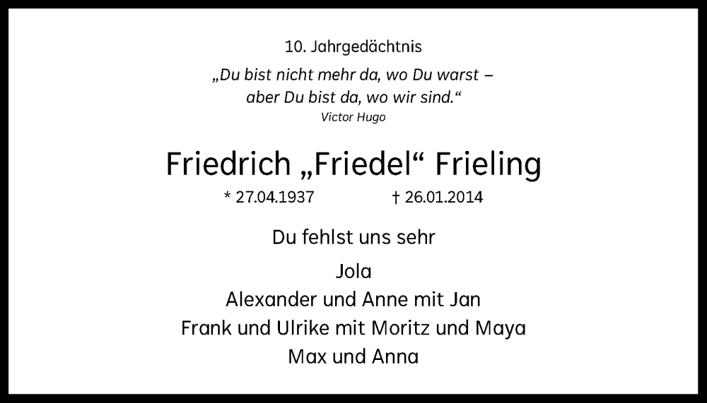  Traueranzeige für Friedrich Frieling vom 27.01.2024 aus Kölner Stadt-Anzeiger / Kölnische Rundschau / Express