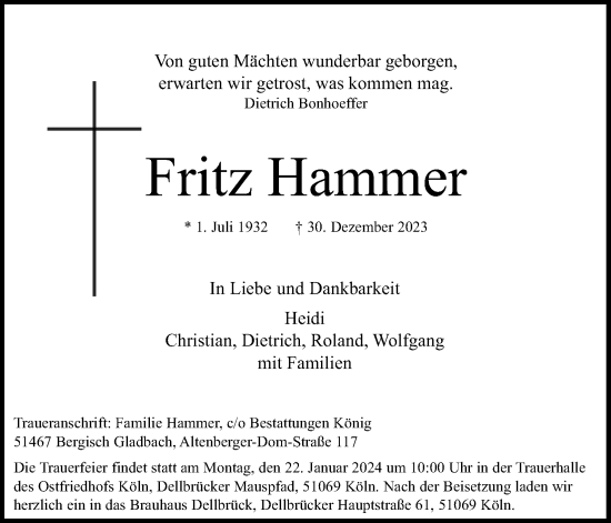 Anzeige von Fritz Hammer von Kölner Stadt-Anzeiger / Kölnische Rundschau / Express