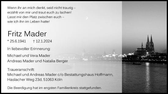 Anzeige von Fritz Mader von Kölner Stadt-Anzeiger / Kölnische Rundschau / Express