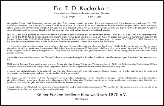 Anzeige von Fro T. D. Kuckelkorn von Kölner Stadt-Anzeiger / Kölnische Rundschau / Express