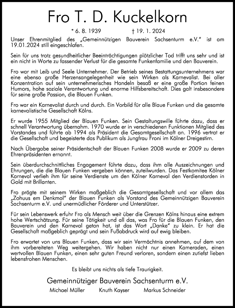  Traueranzeige für Fro T. D. Kuckelkorn vom 27.01.2024 aus Kölner Stadt-Anzeiger / Kölnische Rundschau / Express